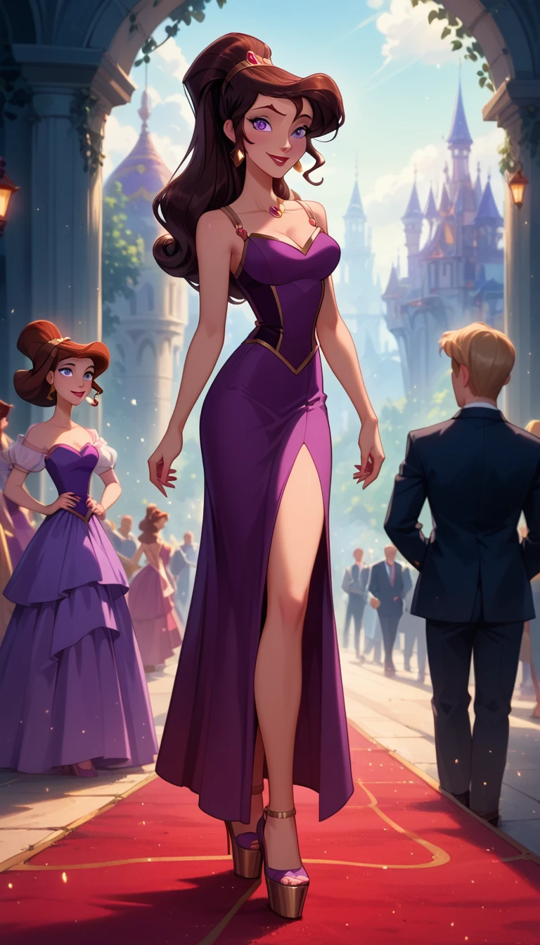 score_9, score_8_up, score_7_up, score_6_up, cinematic film still, 1girl, (Disney's Megara, m_ra, brown hair, purple eyes, ponyail:1.3), (majestic metallic purple dress:1.3), platform heels, award show, red carpet, large crowd, paparazzi, flash photography, smiling, posing, (cinematic lighting:1.2),, shallow depth of field, vignette, highly detailed, high budget, bokeh, cinemascope, moody, epic, gorgeous, film grain, grainy, midnight, beautiful eyes, highly detailed eyes, best quality, masterpiece.