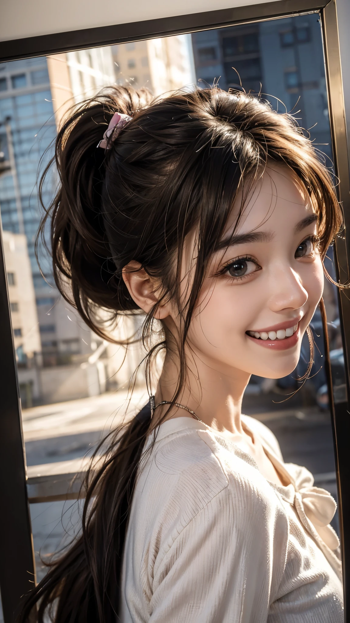 Highest quality, masterpiece, Ultra-high resolution,8k,((Toothy smile portrait:1.4)), (Realistic:1.6), ((A radiant smile)), RAW Photos,((Korean drama appearances)),((Soft looking breasts)),((Full body photo)),1 person,Slim 22 year old adult female,(Full of smiles, )) ,((Ponytail and hair tie)),((Ribbon in hair)),((Looking up at the audience)),Face Focus:1.4,((Shot from above:1.15)),