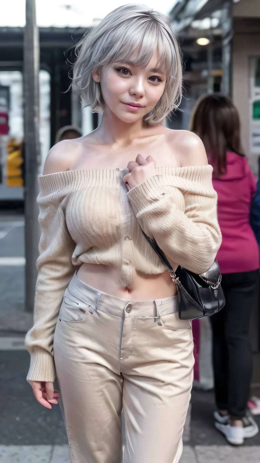 (Realistic、Like a photograph、Live Action、8k, Realistic, RAW Photos, Best image quality: 1.4), Single-lens reflex camera、RAW Photos, Highest quality, Realistic, Highly detailed CG Unity 8k wallpaper, Written boundary depth, Cinematic Light, Lens flare, Ray Tracing, Realistic background、A landmine girl waiting for reservation、((Wearing an off-shoulder white blouse:1.4)、((Wear wide pants:1.1、((The strap of the shoulder bag passes between the chest:1.5、Equipped:1.5、Vice Rush)))、Small breasts)、Cute ass)、((ultra high density skin))、 1 female,cute Japanese、standing front of train station, Waiting for someone while looking at a smartphone、The whole body is visible:1.5、Wearing sneakers:1.1、((Silver Hair:1.5)、short hair:1.2、My hair is blowing in the wind)、stylish ambiance、Very detailed and perfect costume、(White skin)、Precise and beautiful legs:1.1、View from the front、Highly detailed face