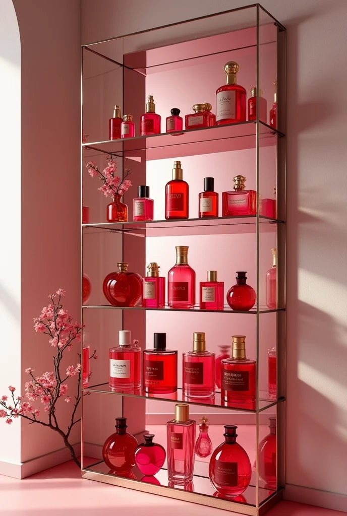 Create a tall and large mirror glass shelf. with many perfumes of different shades of red