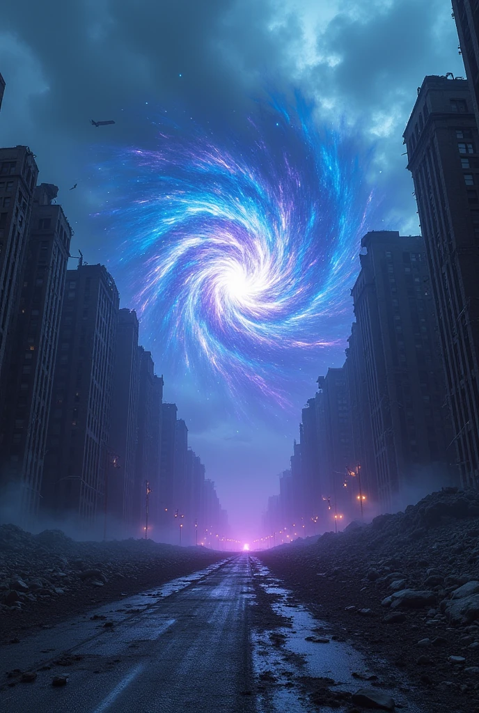 In a devastated and abandoned city, the remains of ruined buildings rise like shadows against a cloudy and oppressive sky. In the center of a large avenue covered in debris, a magical energy begins to take shape. A vortex of blue and purple lights rises from the cracked ground, slowly spinning in spirals that expand and contract, generating electrical sparks that illuminate the surrounding shadows. The air around the vortex vibrates with arcane power, and the energy seems to pulse like a heart, emitting a faint humming sound. Particles of dust and small debris are sucked into the center of the vortex, where a shadowy form begins to slowly materialize. The magic is intense, creating waves of heat and cold that emanate from the energy spiral, making the environment seem alive and charged with a supernatural force. The lights oscillate and cast distorted shadows on the crumbling walls of the buildings, as the vortex continues to spin, about to bring something dangerous and unknown to the real world.