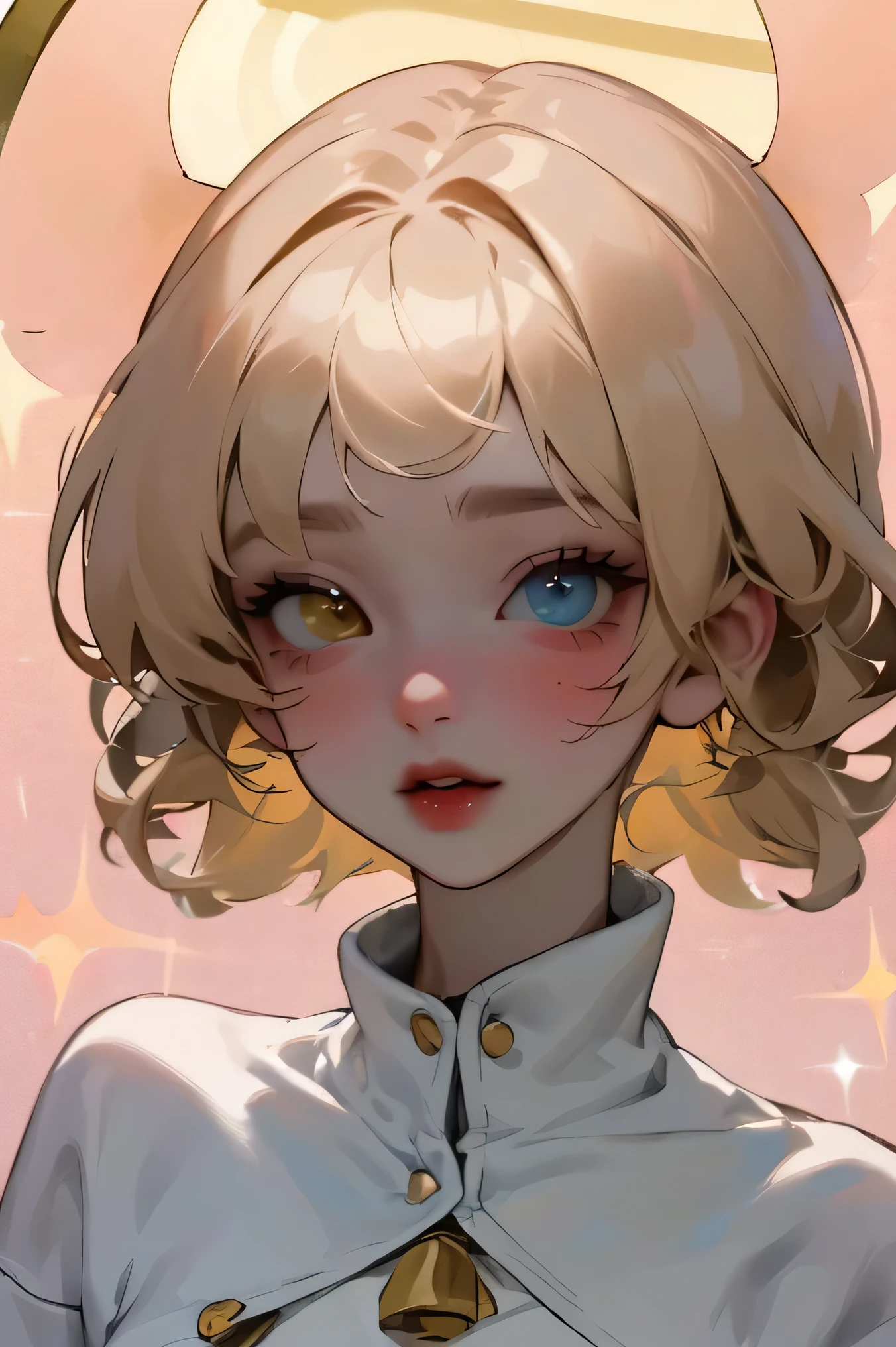 (high quality) (Best Quality) (Una Women) (correct physiognomy) (perfect students) (Perfect eyes) Women, blonde hair with bangs on the forehead, TWO cat ears growing out of his head, eyes with heterochromia dos ojos, one eye green and the other gold, sensitive lips, female appearance, soft facial features, thin eyebrows, soft skin, rosy cheeks, pink lips, silky eyelashes, dreamy expression, middle age, youth clothing, glitter sweatshirt, photo illuminated by sunlight, Women en un campo de girasoles