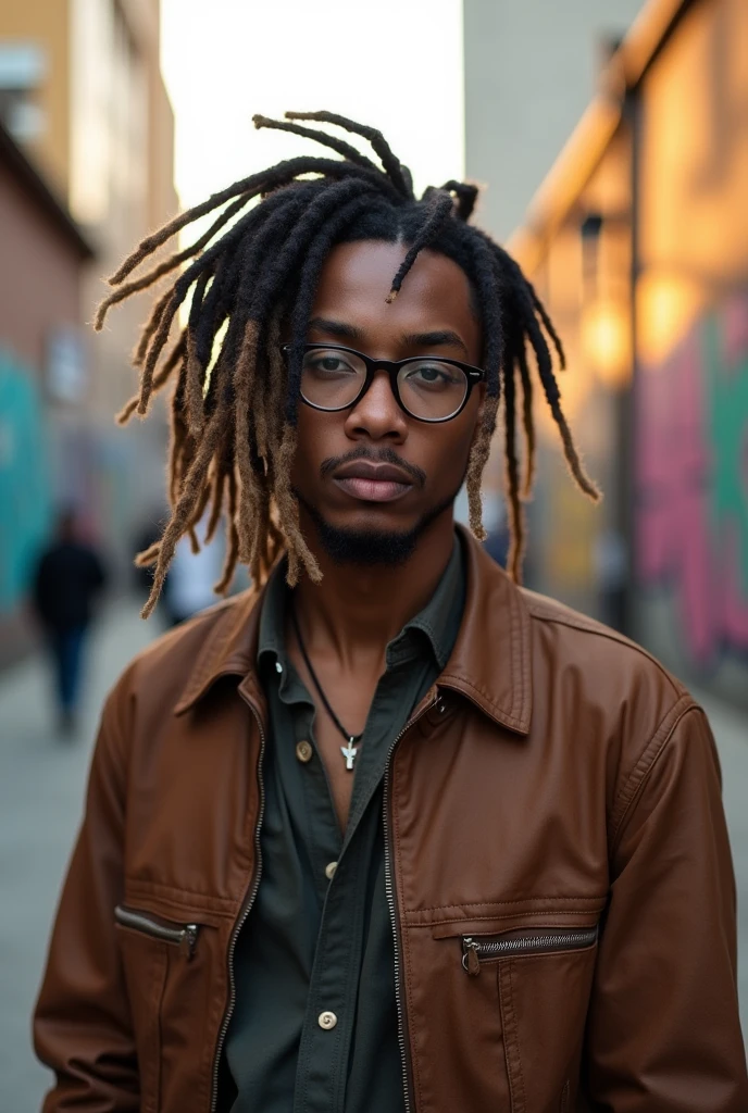 marcola brown man with tied dreads half black hair half blond kurt cobain glasses wears cap and brown leather jacket no beard and with half closed stoned eyes