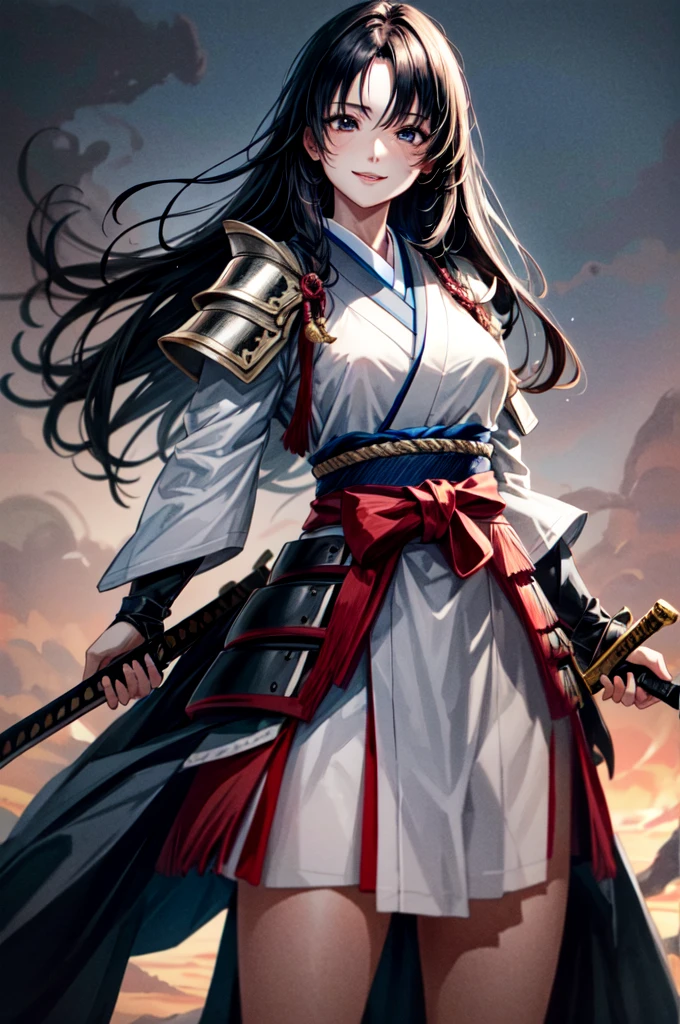 Woman in armor holding a sword, Female Samurai, A woman wearing light armor, Beautiful female warrior, smile, Black kimono, black eye, Black Hair, Long hair over the eyes, Tight waist, cinematic lighting, cowboy shot, UHD, retina, masterpiece, accurate, anatomically correct, textured skin, super detail, high details, high quality, award winning, best quality, highres