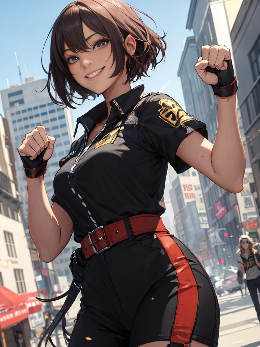 Smiling,Raising fists,one person's女性,(masterpiece), (Highest quality), (Very detailed),(Messy Hair),(shape), (one person's), Avatar, Macro Lens, (Fashionable clothes), Are standing,Fashion Model, View your audience, ( interview), (Simple Background), Beautiful attention to detail, Exquisite beauty, floating, (High saturation), (Colorful splashes), (The Shining), Focus on the face,