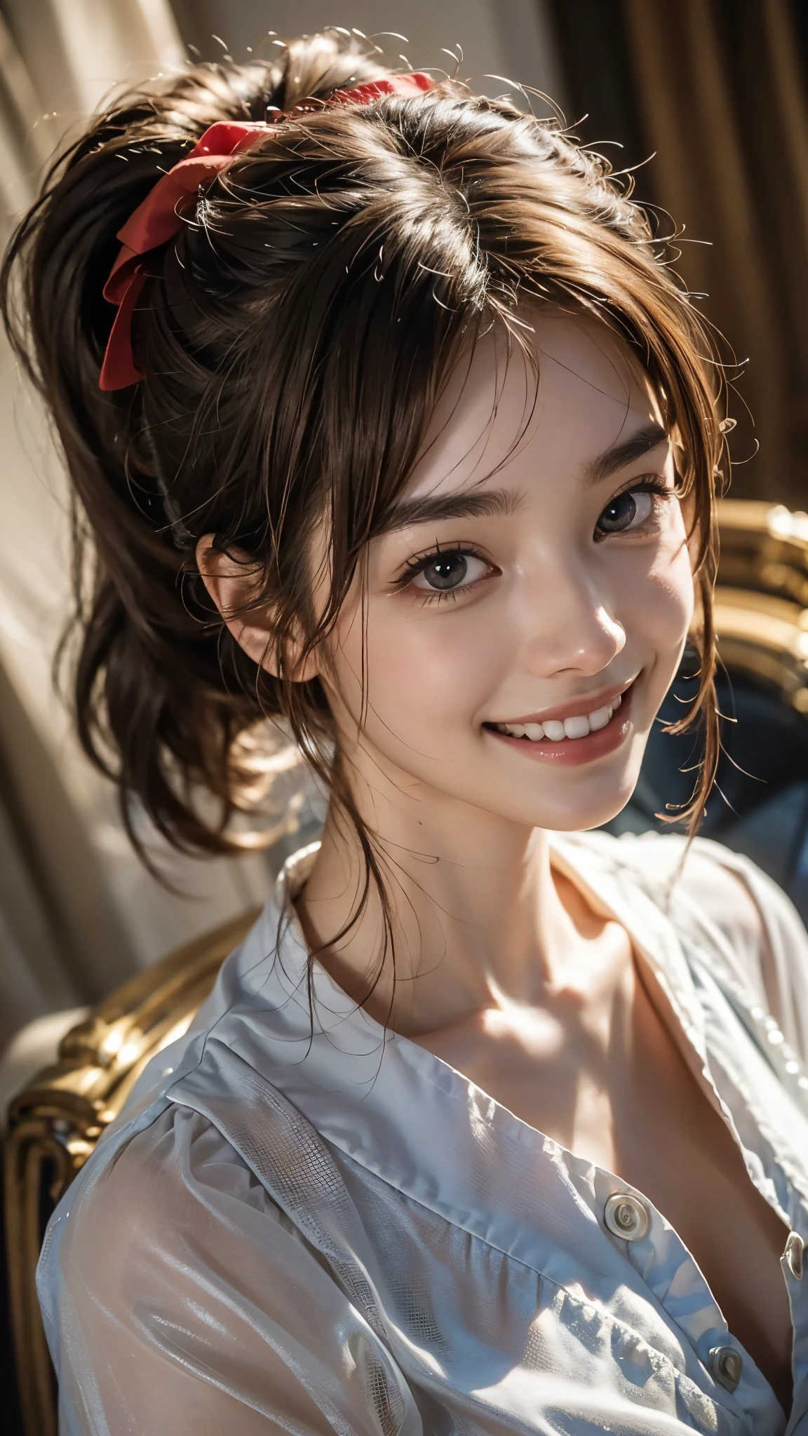 Highest quality, masterpiece, Ultra-high resolution,8k,((Toothy smile portrait:1.4)), (Realistic:1.6), ((A radiant smile)), RAW Photos,((Red formal suit)),((Soft looking breasts)),((Full body photo)),1 person,Slim 22 year old adult female,(Full of smiles, )) ,((Ponytail and hair tie)),((Ribbon in hair)),((Looking up at the audience)),Face Focus:1.4,((Photographed from above with a fisheye lens:1.15)),