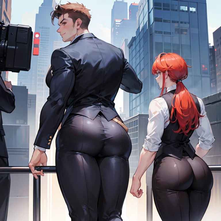 One Man, muscular, jocks, athletic, ginger, wearing suit vest clothes, big butt, huge ass, comically massive ass, bubblebutt, thick, thicc, thick ass, thick legs, thick thighs, huge butt cheeks, ass huge, showing butt to camera, smiling, looking back at camera, big booty, man booty, men with huge butts, men in suit vest clothes, showing off ass, absolutely massive butt, enormous ass cheeks in suit vest pants, full ass, wide ass, round ass, tight suit vest pants, abnormally huge butt, unrealistically massive ass, Giant butt cheeks, giant butt, giant ass, dark dress pants, button down shirt, men, bodyguard, suit vest black, gay, fight some thiefs, suit vest black, night, naked, alone, shift night, man or boy, no girls