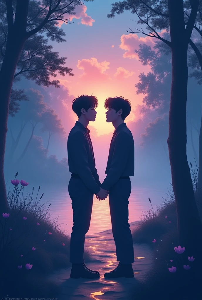 A design with two dark shadow male silhouettes of Jungkook and Jimin holding hands or looking at each other intensely, symbolizing their deep connection. The background could be a soft gradient of colors, like blues and purples, with a calming landscape, like a beach at sunset or a quiet forest, and subtle elements that suggest an intimate connection, like two paths meeting or footprints side by side. With prominently written 마음의 메아리 Poetic and Emotional Writing
