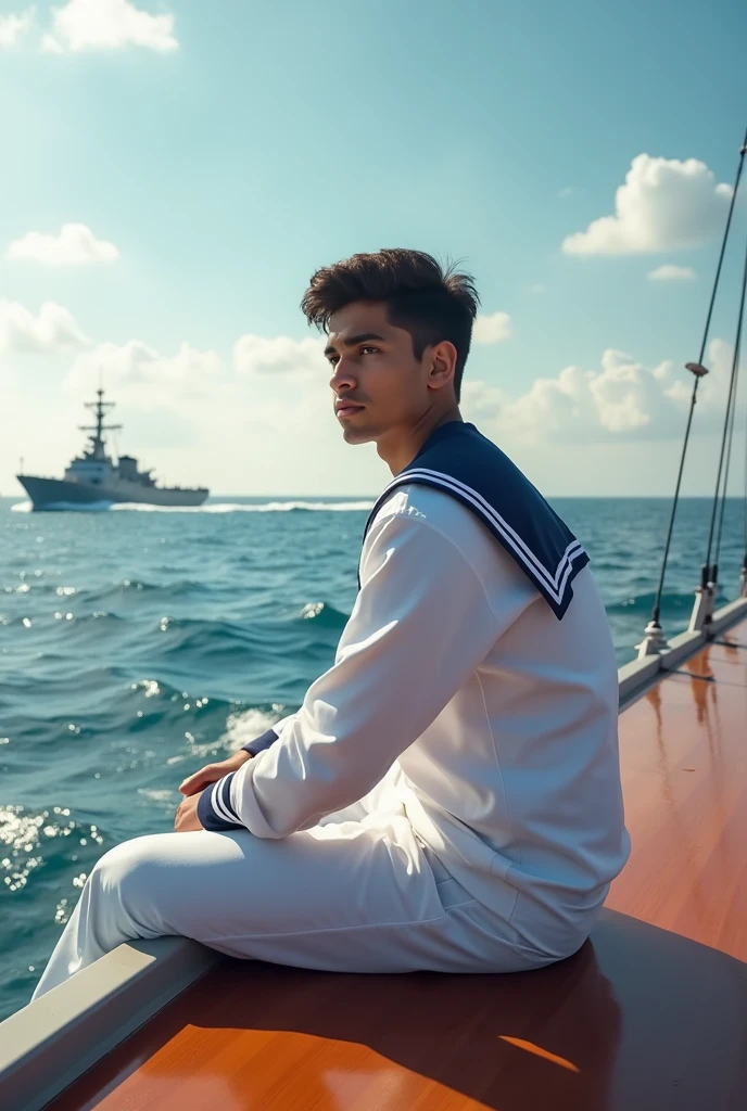 (photorealism 9.6, a clean save Pakistani boy of 20 year in navy sailor white uniform sitting on deck of warship