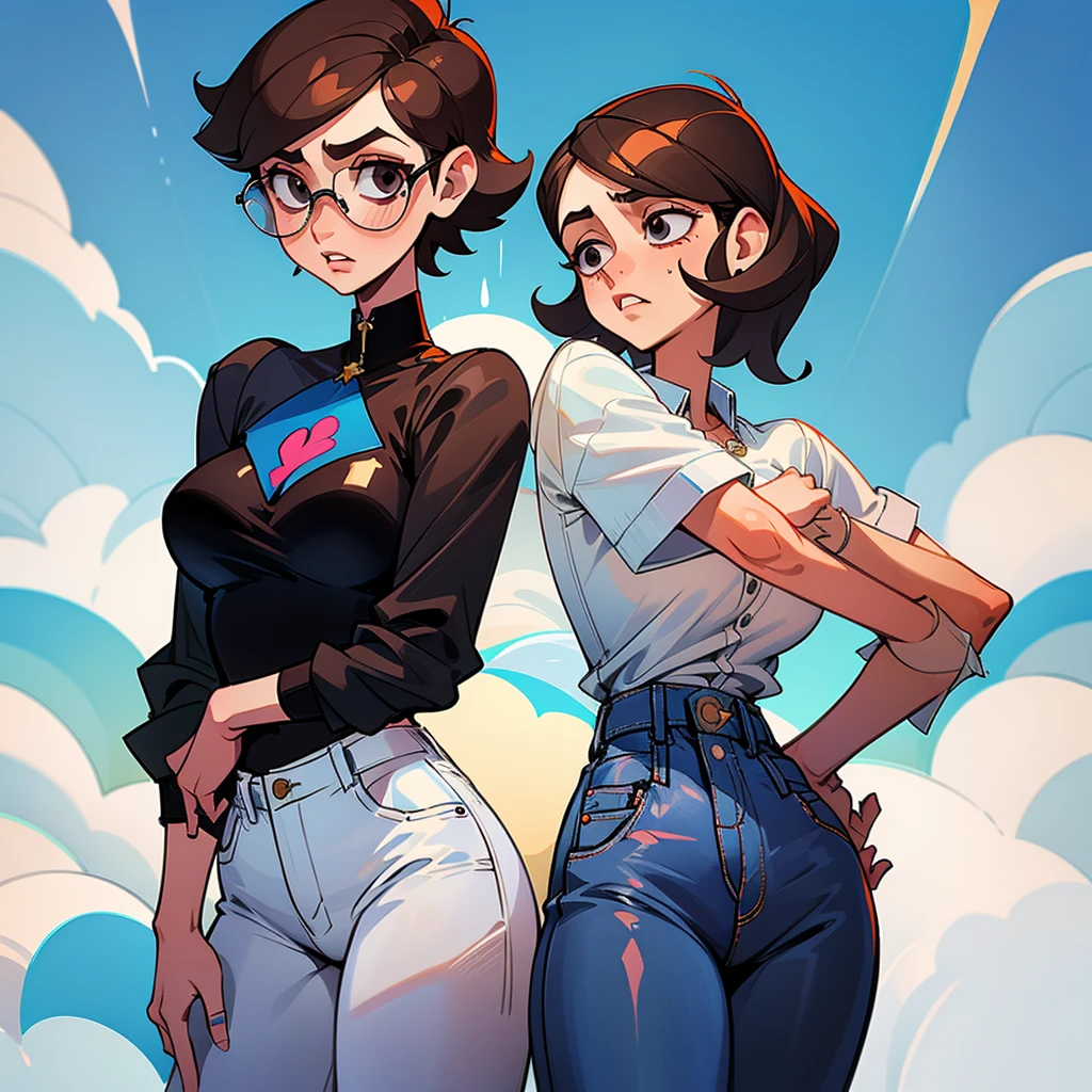 Linda is an androgynous bimbo boy. Linda has short brown hair. Linda has black eyes and wears glasses. Linda has huge breasts and a huge butt. She wears a white blouse and blue jeans. Linda is in a women's lingerie store. Linda has an expression of embarrassment. Linda is very flushed 