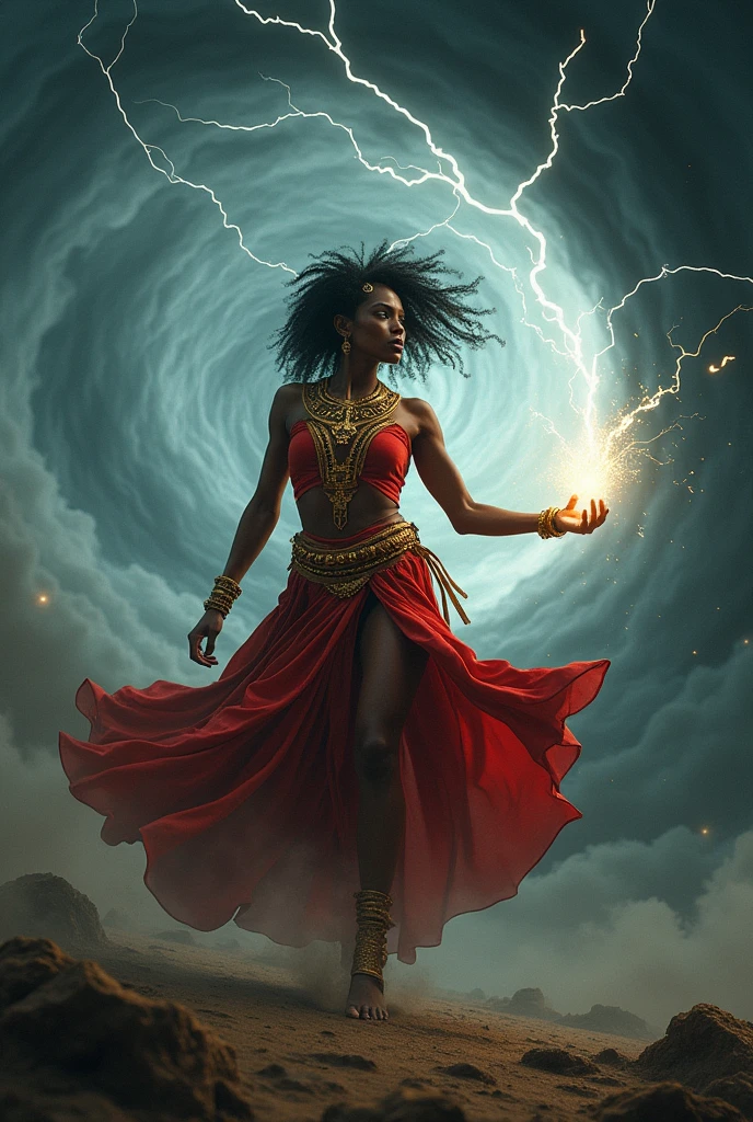 Black woman Orisha, warrioress, red and gold clothing, bare feet, in the middle of a tornado, with lightning coming out of his hand