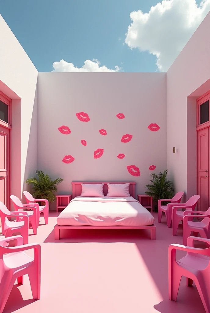 (photorealism:1.2)  Empty in a pink girls' school inside yard, In a pink and white classic or modern school building, clean in good shape, the sign "Colegio Coquetas" and the signs of many kisses 💋 on the walls, not childish drawings on the walls, A pink King size bed in the middle of the yard and many pink plastic chairs surrounding the bed in the middle, A very beautiful Blonde woman in sexy lingerie speaking to a microphone on her hand, realistic, intricate details