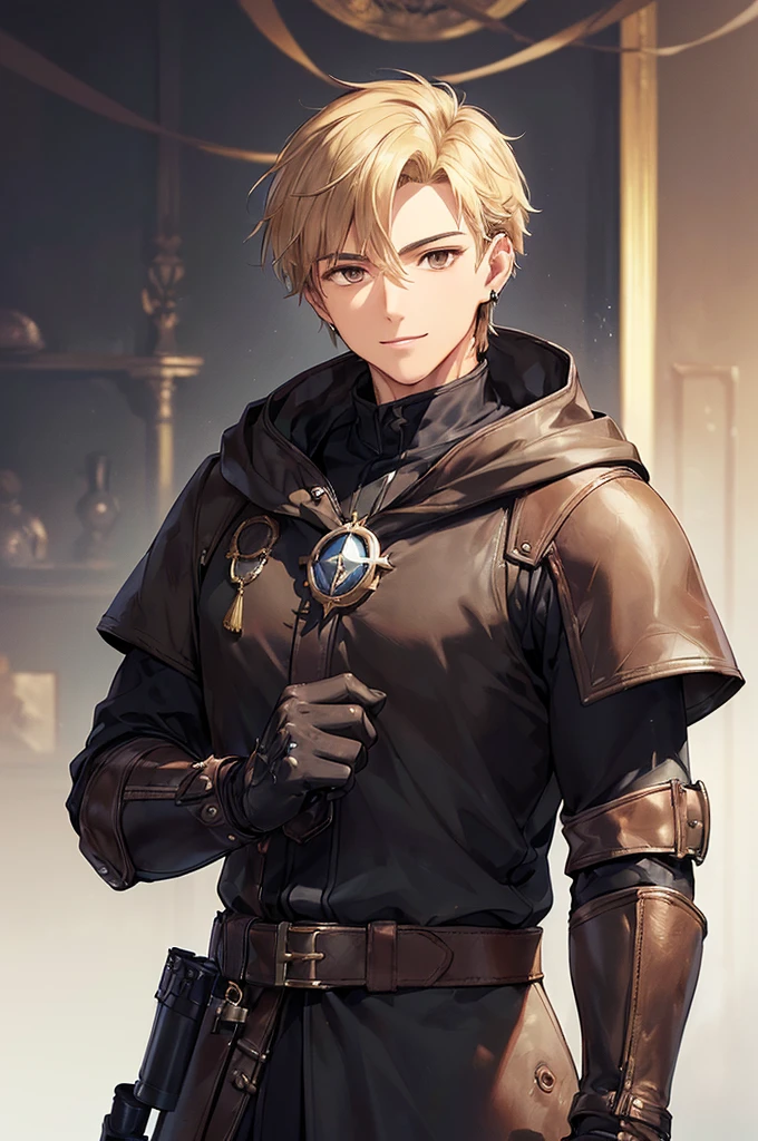 (((masterpiece; best quality: 1.2))), (detailed eyes: 1.3), ((1 young man)), ((solo)), (brown eyes: 1.4), (body shape; lean, masculine, manly face: 1.3), (short blond hair: 1.3), (clear background: 1.2), ((depth of field)), (equipment: masculine adventurer garb + practical hard-leather hunter protection + black hooded hunter overcoat + black stud earring: 1.3), (anime illustration: 1.2), (background composition; fantasy tavern interior + furniture: 1.1), (handsome: 1.1), (shot composition; standing + centered on face + bust close-up: 1.5), (facial expression; calm + smile: 1.2)