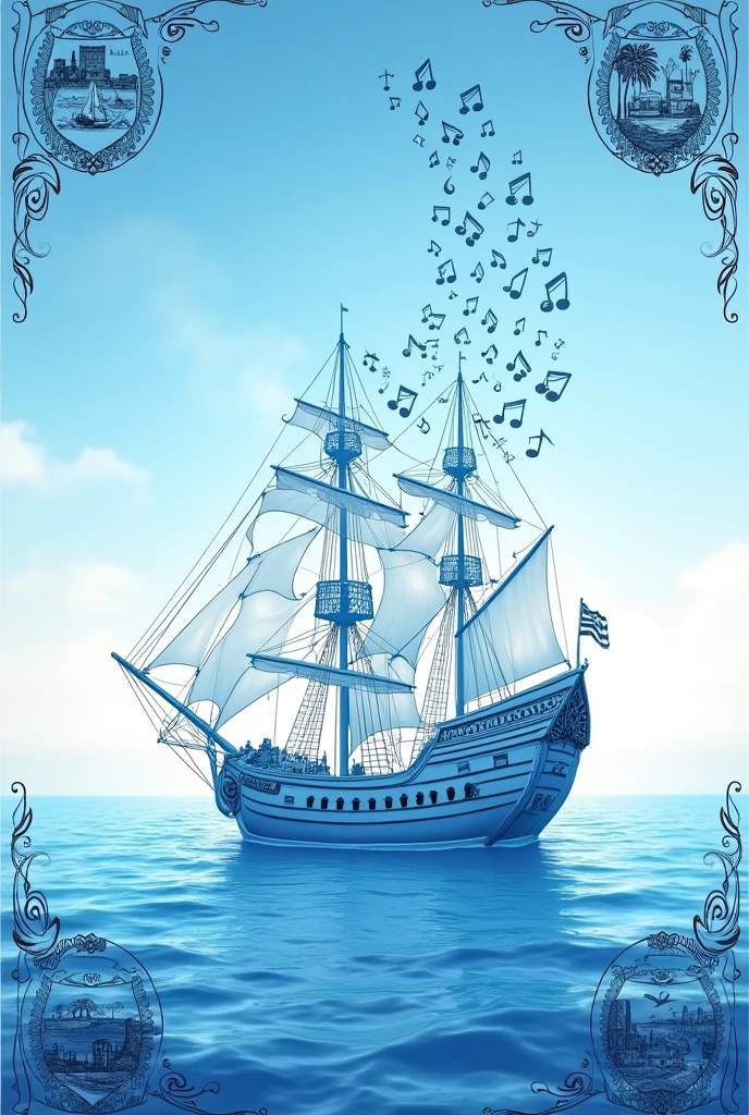 Create an image with a blue and white background together and in the image there should be 4 important things from Callao such as the shield and some things ( in the corners of the image ) and in the center should be the anthem of Callao
Callao Lima Peru