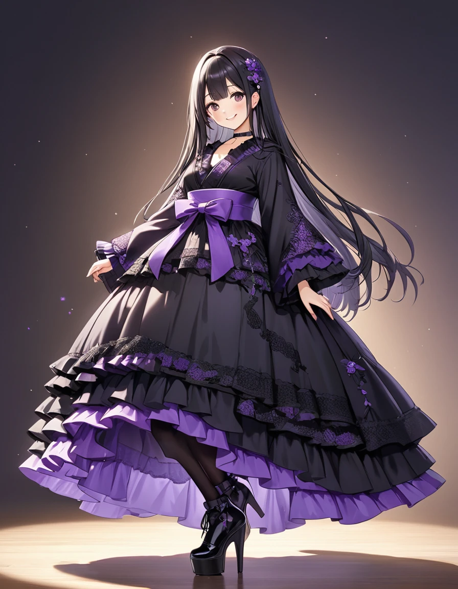Woman, cute, adorable, full body, smiling, straight hair, long hair, black hair, standing,
(black kimono-tops, long kimono sleeve with purple ruffle lace trim), voluminous A-line multilayer tiered skirt with purple ruffled lace trim, ballgown silhouette, crinoline, purple obi, choker with lace embroidery, beautiful shiny black pantyhose, black platform boots,