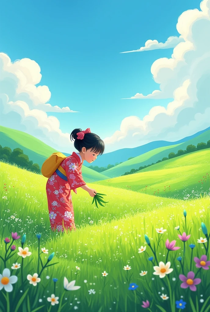 Fairy tale illustration by Reiko Ikemura, pixabay, simple art, full color illustration, cute fairy tale illustration, picture book illustration, illustration, girl picking tea in the style of Hayao Miyazaki, in the field, kimono, kimono