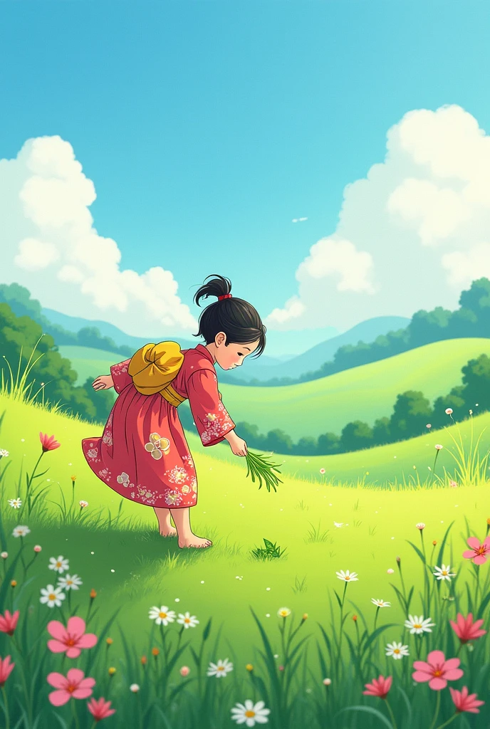 Fairy tale illustration by Reiko Ikemura, pixabay, simple art, full color illustration, cute fairy tale illustration, picture book illustration, illustration, girl picking tea in the style of Hayao Miyazaki, in the field, kimono, kimono
