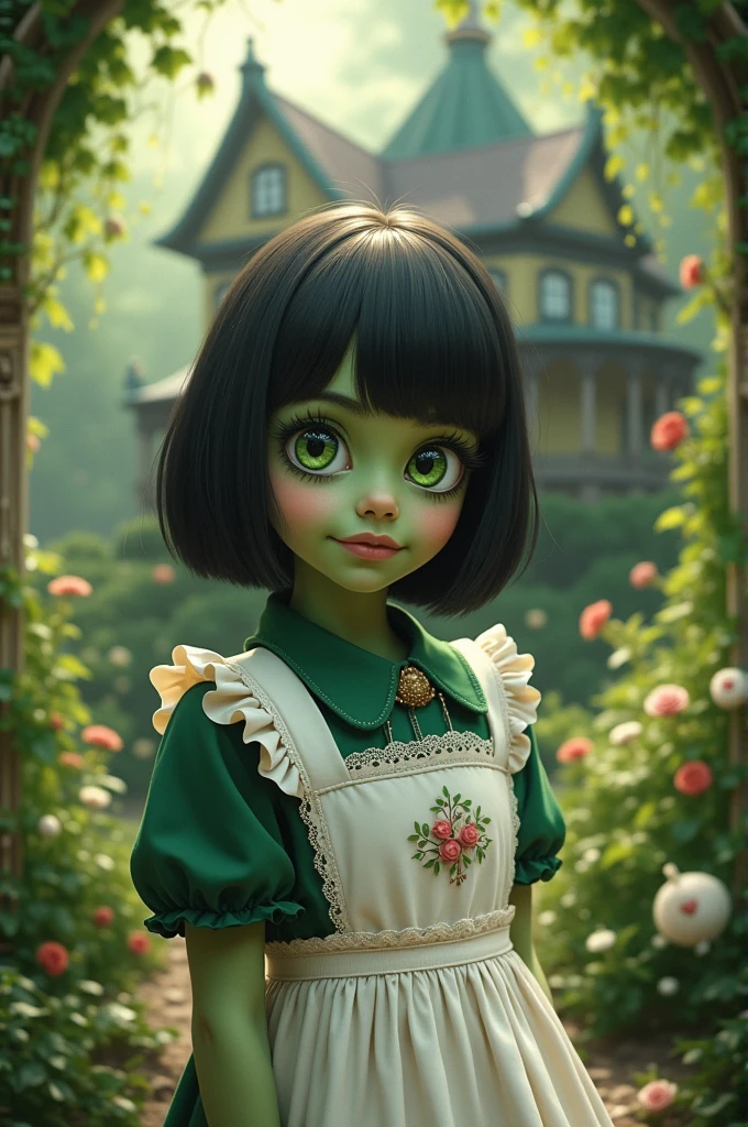 Girl, short black hair, green skin, green eye, wearing maid clothes