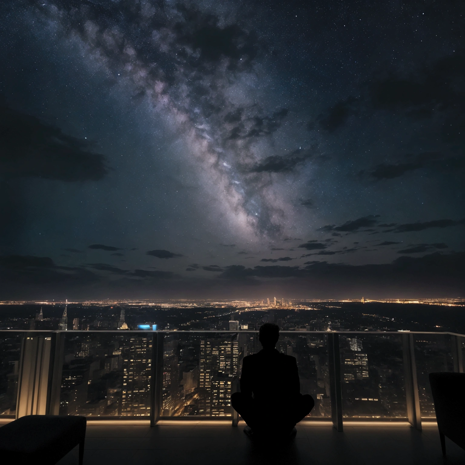 silhouette, man sitting on the terrace of a tall building, mysterious atmosphere, feeling of being on top of the world, a magical night, admiring the beauty of the city lights, the trail of the Milky Way, and the sky full of stars