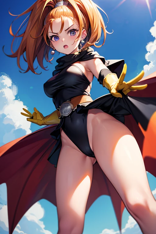 fighting Barbara,solo,black high leg swimsuit(shoot from below),(wind from below),dq6barbara
high ponytail
dress
cape
yellow gloves
belt
jewelry
earrings