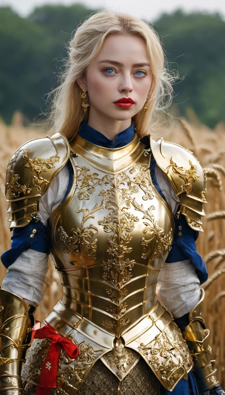 masterpiece,Highest quality,wonderful,(Female Knight_Female Knight:1),(Full body golden armor:1.3), (35歳のFemale Knight:1.3),、Big and ample breasts, Big Breasts,Big Breasts,belly button,Hyper Real,中世ヨーロッパの都市のbattlefieldにいる,Expressionless,、British women、Delicate skin texture to the smallest detail 、(Detailed blue eyes)、(Chubby body type))、(Very large)、Middle-aged women、(ふわふわblondeの長い髪)、Wheat tanned skin、(blonde)、Very large、European Female Knight、Big Breastsの谷間、豪華に装飾されたFull body golden armor、Medieval witch、High Leg、Golden long boots with flashy decorations、Deep neckline、Pure gold and jewellery necklaces and collars、Big gold earrings、Bright red lips、豪華なFull body golden armorを着て、Gold Long Gloves、She has a big long sword、The sword is ornately decorated..........................、The blade is pitch black、(Female Knight)、(battlefield)、