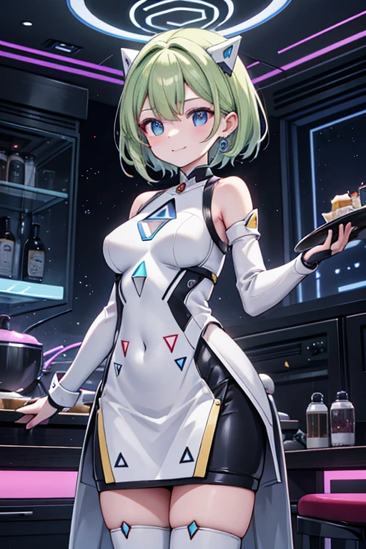 A graceful AI android named Delta-mon, hailing from the future, with a delicate and sophisticated appearance. Delta-mon has an affinity for triangular shapes, which are subtly incorporated into her design. She stands in a futuristic kitchen, holding a beautifully decorated cake that features intricate triangular patterns. The cake is a symbol of love, with each triangle representing a piece of her heart. Delta-mon wears a sleek, futuristic outfit with geometric accents, and her surroundings are filled with soft, warm lighting that creates a cozy yet advanced atmosphere. In the background, futuristic kitchen gadgets with glowing interfaces emphasize her origin from the future, Making triangular shortcakes, vary smile, short hair, Cafe staff clothing, clothes with a triangular accent