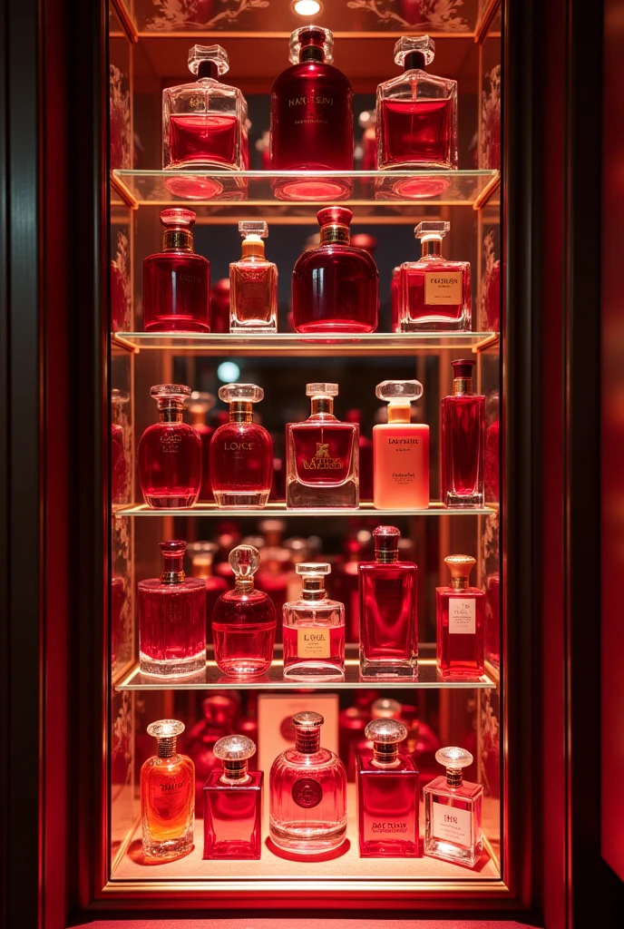 Create a tall and large mirror glass shelf. with many perfumes of different shades of red