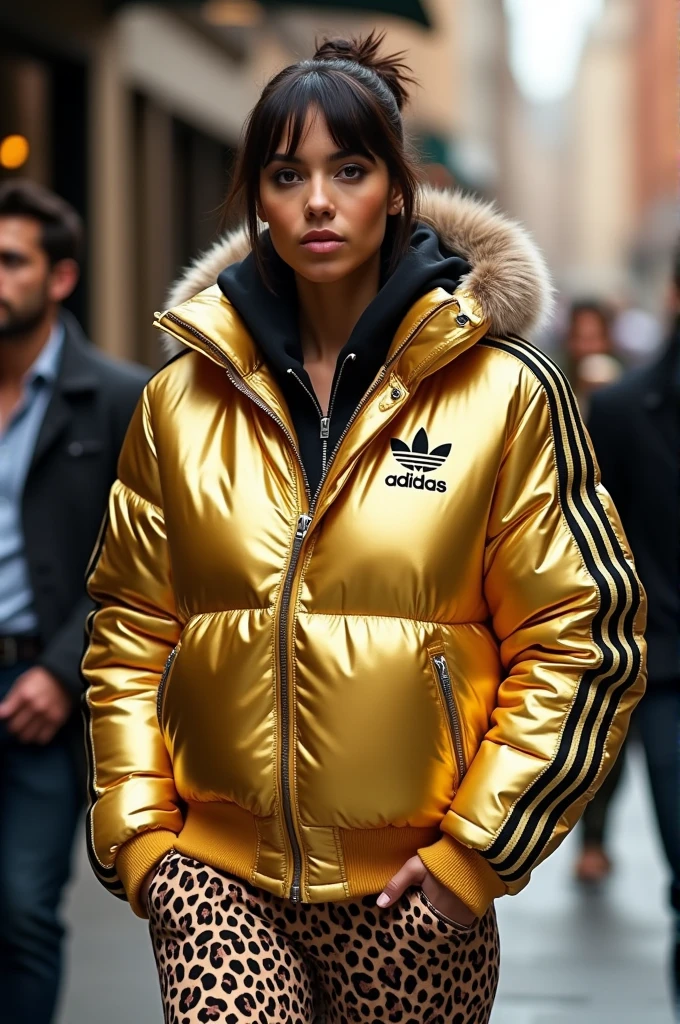 Make an Adidas jacket that is gold, and that the typical Adidas stripes of the sleeves, instead of being white they are leopard, besides those that the hood is fur, with a millionaire touch