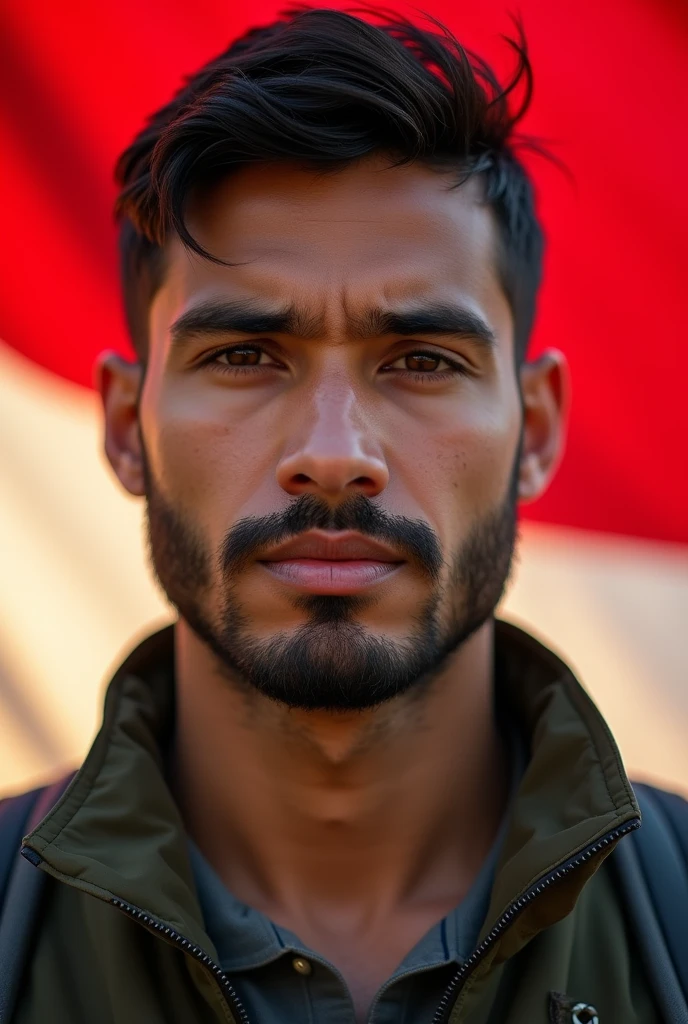 masculine jewish man, thin facial hair, full weight body, black hair, short neck, stand straight, close up portrait, outdoor outfit jacket, in front of Indonesia flag