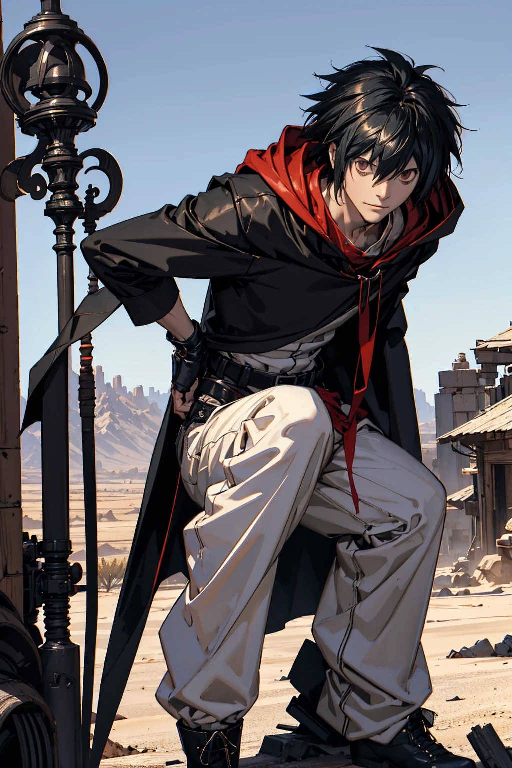 best quality,masterpiece,ultra detailed,Add layer,slim,1 man,solo,
l_lawliet, black hair, black eyes,
30 years old,jedi,tall,
poor cloak,(cloak:1.2),hood,debun pants,Smirk,boots,(gloves),mechanical parts,belt,long sleeves,
slouching,wilderness traveler,in the desert,in the wilderness,bent over,with a staff,