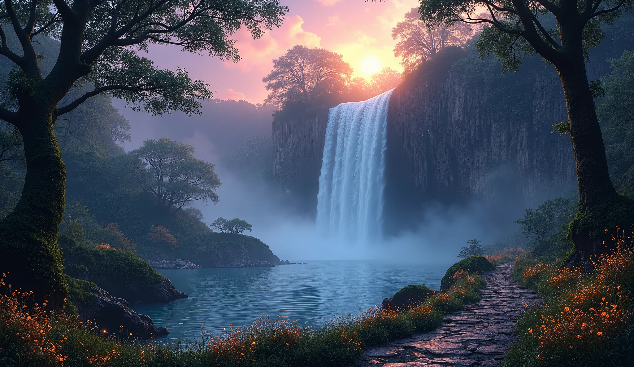 Create a captivating image of a colossal waterfall cascading down a towering cliffside, surrounded by an ancient, enchanted forest. The waterfall's crystal-clear waters tumble over jagged rocks, creating misty plumes that catch the golden light of the setting sun. The lush forest, with towering trees draped in moss and vines, forms a protective canopy over the scene.
At the base of the waterfall, a serene pool reflects the vibrant colors of the sunset, with gentle ripples creating a mirror-like surface. A narrow stone pathway winds its way through the dense undergrowth, leading to a hidden cave behind the waterfall, where a soft, ethereal glow emanates, hinting at untold mysteries within.
In the foreground, delicate, bioluminescent flowers glow softly in the twilight, their light mingling with the fireflies that dance around the edge of the pool. The sky above is a blend of purples, pinks, and oranges, with the first stars beginning to twinkle as night falls.
The scene should be rich in detail, from the texture of the rocky cliffside to the gentle mist that envelops the area. The overall composition should evoke a sense of magic, adventure, and the untouched beauty of a hidden paradise, where the power and tranquility of nature coexist in perfect harmony.