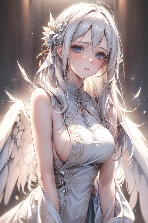 (White Wings,Angel:1.2),(Falling white feathers background:1.1), ((masterpiece)), (detailed:1.4),Realistic、 Beautiful Woman Images,High resolution(High Dynamic Range),Ray Tracing,NVIDIA,Super Resolution,PBR Textures,Post-processing,Anisotropic Filtering,Maximum depth of field resolution and crisp layer textures,Albedo and Specular Maps,Surface Shading,Accurate simulation of material interactions,Perfect balance,Rendering with Octane,2-color light,Large Diameter,Low ISO,White balance,Rule 3 points、8K raw data、Backlight、Beautiful white and shining skin、Gray hair that changes with light、Long bangs obstruct the view、Highlights of cheek luster、Sexy and very beautiful and adorable face、The most beautiful face in the world、Super long and gorgeous white hair、Smooth straight hair、WHITE hair fluttering in the wind、big, light blue eyes shimmering、Beautiful Bangs、Beautiful cute girl 25 years old、Beautiful halter neck dress、((sideboob:1.4))
