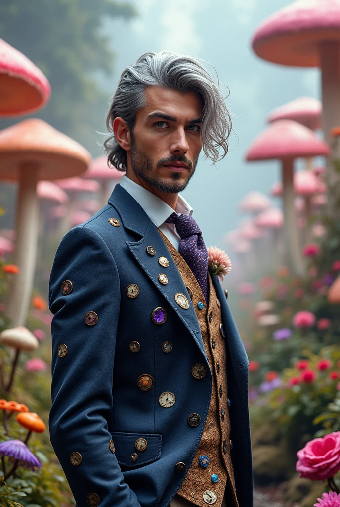 The most handsome man imaginable with gray hair and purple eyes in Wonderland