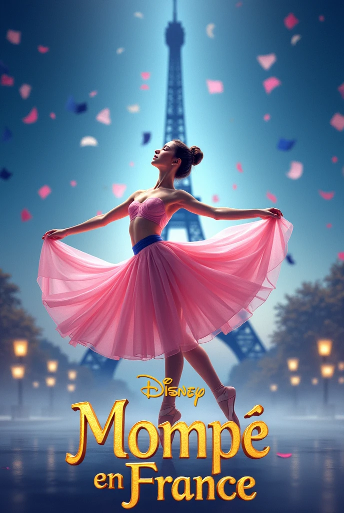 Create a visual identity/banner for a ballet performance called "Mompê en France" (Place the name on the image in a golden font) with baby pink and royal blue as the main colors, put the Eiffel Tower and the French flag in the background, just a central ballerina in a royal blue and baby pink costume, subjective elements related to: Little Prince, moulin rouge, can can, emerald (The Hunchback of Notre Dame)