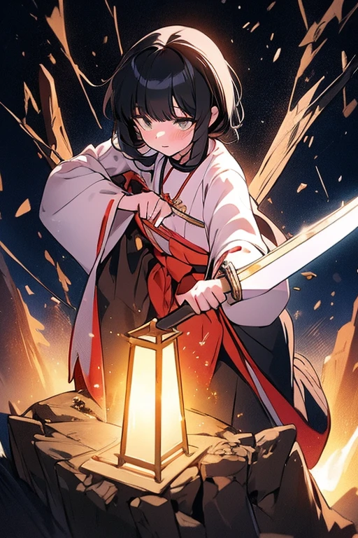 anime girl in miko outfit with medium length black hair, green eyes, black tights, holding a wooden sword, standing full body, blushing expression, highly detailed, extremely sharp focus, masterpiece, 8k, photorealistic, professional illustration, ultra-fine detail, vivid colors, dramatic lighting, intricate fabric textures, clean background