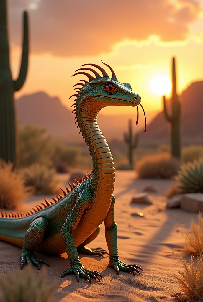 Desert reptile with long neck, snake head, long snake tongue and small spiral horns