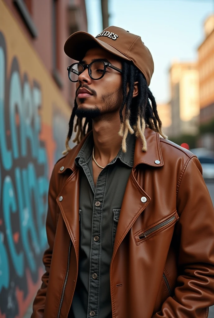 A light-skinned man with dreadlocks tied up, half black hair and half blonde. He wears Kurt Cobain-style glasses, a cap with his dreadlocks sticking out behind him, and a brown leather jacket. He has no beard and his eyes are half closed, looking stoned.
