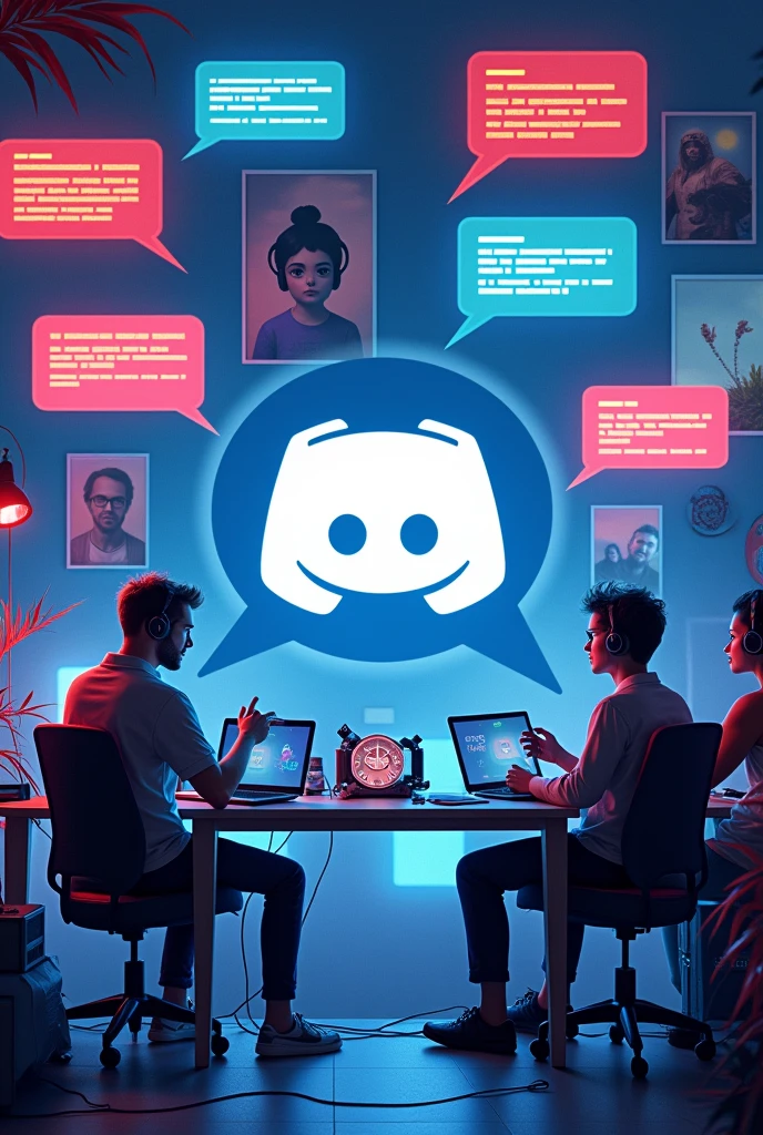 Background on Internet Concept, Use light blue colors with red and black details, message elements between friends, conversas e gaming, many friends talking from afar using conversation bubbles In the same sense, use more graphic elements that refer to the internet Several people in different rooms with different themes (( music, gaming, movies)) Discord symbol in the middle