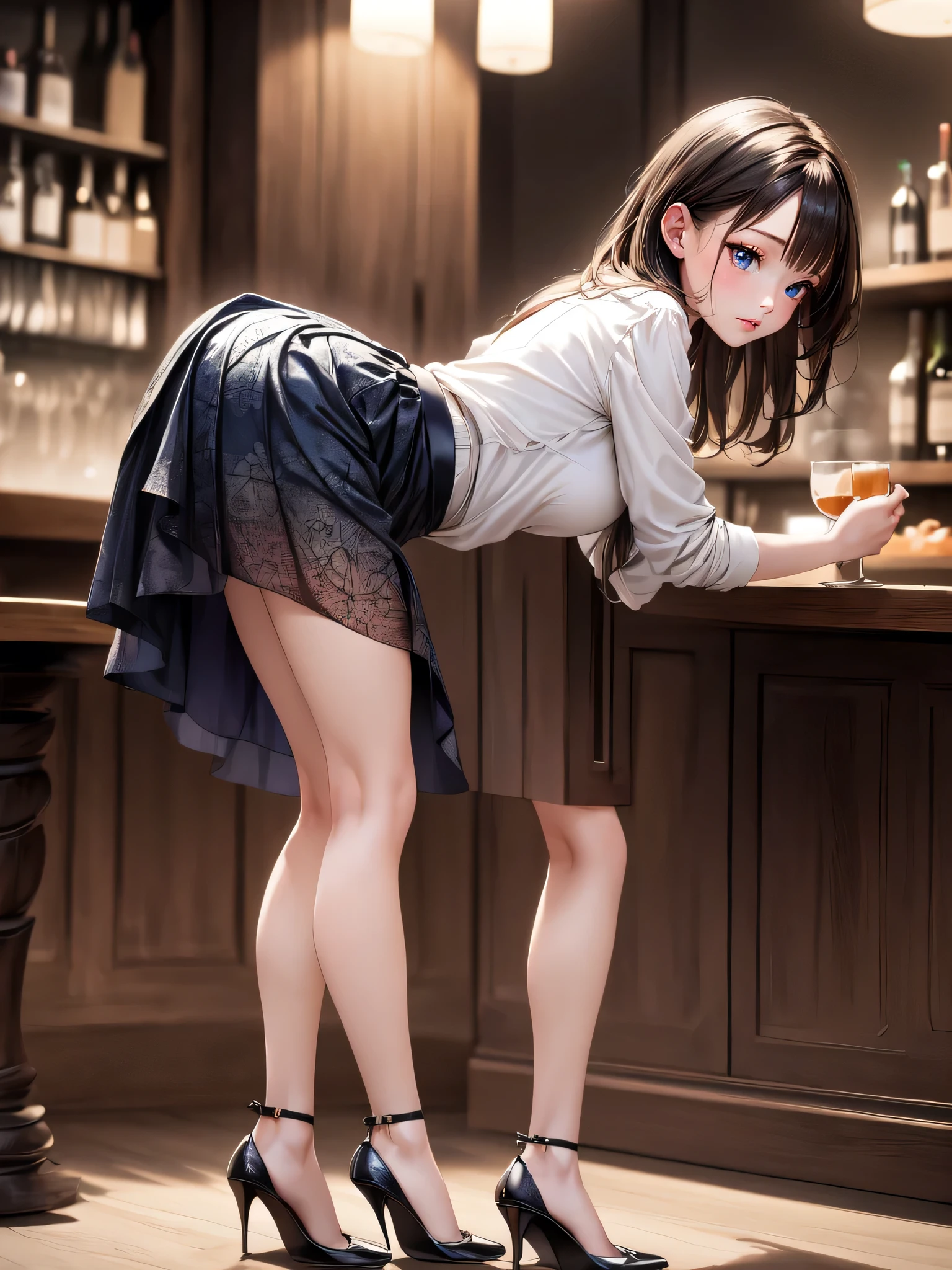 Photorealistic, just like image but real girl, waitress in a bar club leaning on a bar doing a standing split, show entire leg of leg that is extended, cute foot pointing her toes, pantyhose feet,  (((black hair)(long black wavy hair with bangs, black bangs hair))), black pantyhose with cotton gusset at the crotch, skimpy black waitress uniform with a ((wearing a gold name tag on her shirt)), 20 yrs old, black sheer gloss pantyhose,  cute bubble butt in pantyhose out to the side, (((black pantyhose with cotton panel crotch))), one leg is straight up hyper extended, holding leg up with one arm, hand grabbing ankle of leg that is up, girl face is beautiful and looking right at the camera, photorealistic, shiny realistic black pantyhose, (((cute pantyhose foot above her head, (extend image to show her foot on extended leg), she leans on a bar in a night club, (((sexy waitress at a fancy NY bar)))