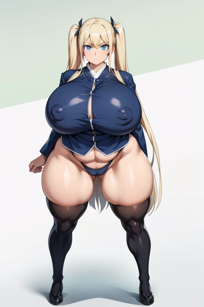 One Woman,Precise five fingers、Two long, accurate legs、Long Hair、Knee-high socks、Wide Hips、plump and thick thighs、Huge Ass、Huge breasts, Embarrassed look、Full Body Shot、Sexy pose、panties、White background、 Oily, shiny skin,woman、Twin tails blonde hair, blue eyes, Dark brown skin,Wearing a Japanese high school girl's uniform and tights. Education