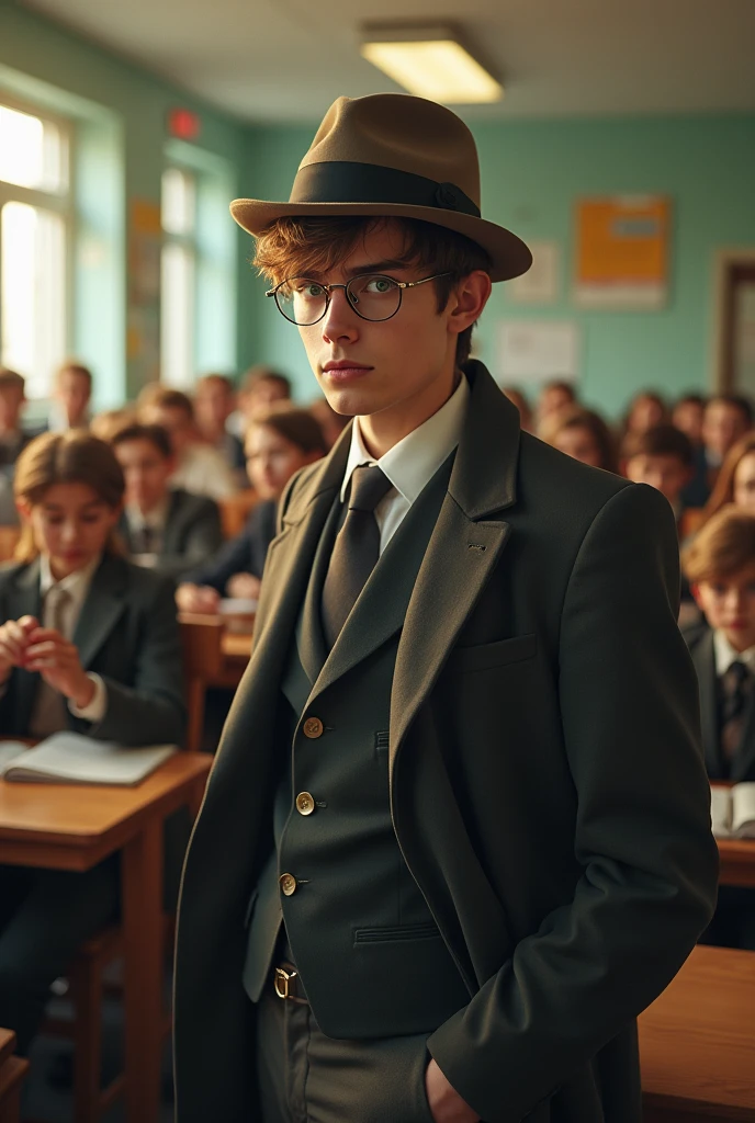 Green eyed, brown hair, young man with glasses. Dressed as a spy with a gabardine and a hat. He must be inside a classroom with a crowd