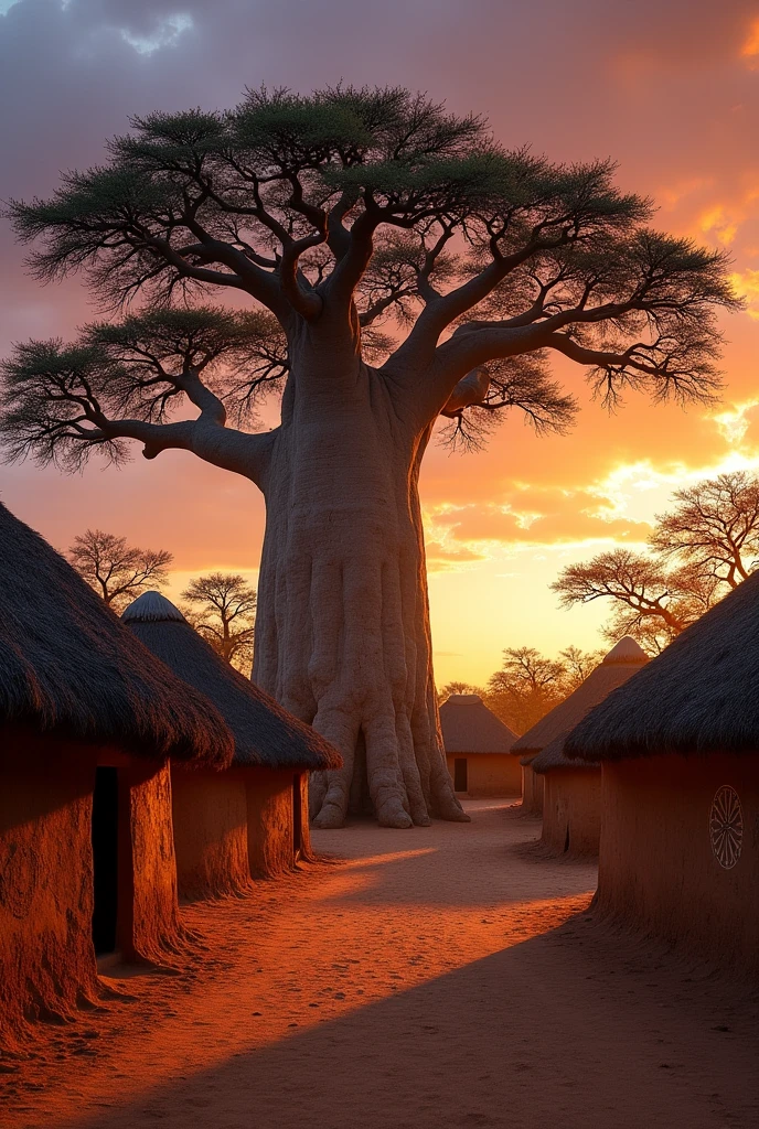 Village Africain au Coucher du Soleil : Un petit village africain traditionnel, avec des huttes en terre et des toits de chaume, entouré de végétation luxuriante. Le soleil se couche à l'horizon, projetant une lumière dorée sur un grand arbre majestueux au centre du village, avec des racines imposantes et un tronc épais. On ressent une atmosphère de mystère et de sacré.