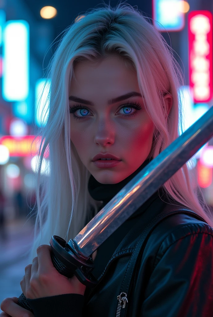 a girl with a katana in her hands, (((insanely beautiful))), (((european girl))), macro photography, cybernetic, improved quality, photorealistic, cyberpunk 2077, detailed facial features, multicolored eyes, long eyelashes, make-up, close-up, hyper facial detail, (((green eyes))), (((light hair))) conscious gaze, professional photo, 4k, high resolution, high detail, 30mm lens, 1/250s, f/2.8, ISO 1