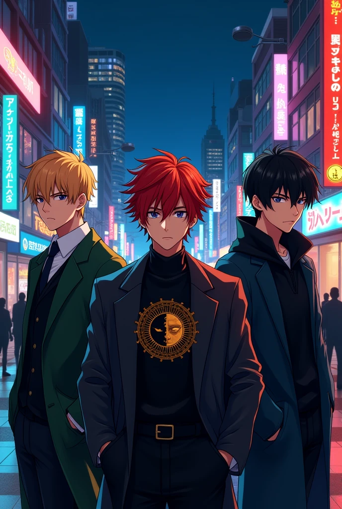 In an urban setting at night, Three male characters meet for the first time in a 2D anime style reminiscent of Shintani.. to the left, a blond young man with a psychopath expression and bright blue eyes. On the right, a 15-year-old boy with black hair and eyes, emanating a mysterious aura. At the center, the main character, a 19-year-old red-haired boy with black eyes, wearing an elegant coat with a round symbol on the chest that combines the moon and the sun.. The scene captures ten