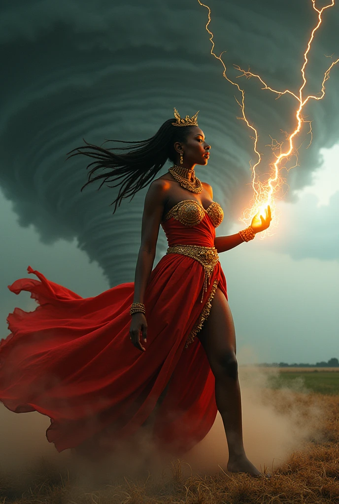 Black woman Orisha, warrioress, red and gold clothing, bare feet, in the middle of a tornado, with lightning coming out of his hand