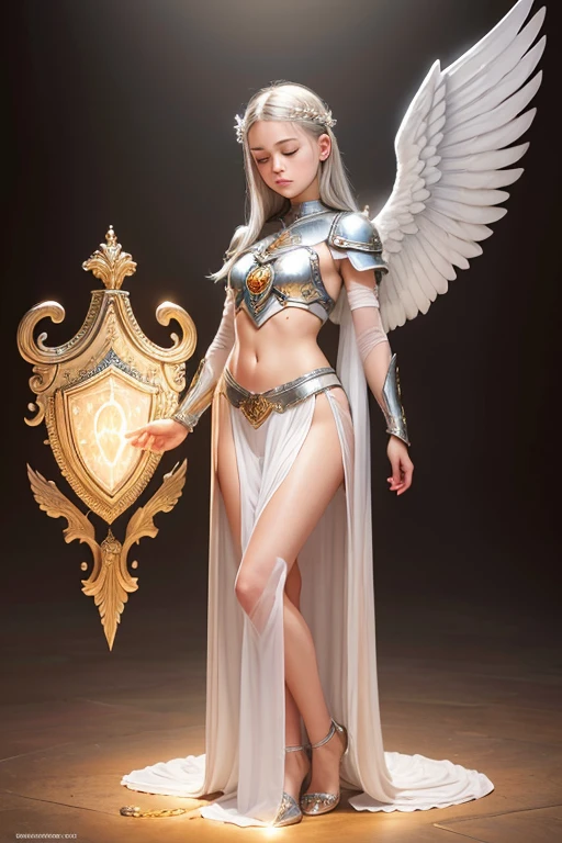 A young 15- yr old native European girl with lovely charminvg face,( skin texture masterpiece), (perfect full body detailed anatomy), (Super detailed), (meditating ), (glowing bright eyes),(short illuminating silver hair),Wearing transparent costume of an angel,holding a treasure septer & shield, illuminating different lights covers the sorrounding atmosphere Has beautiful large white wings, The character solemnly praying