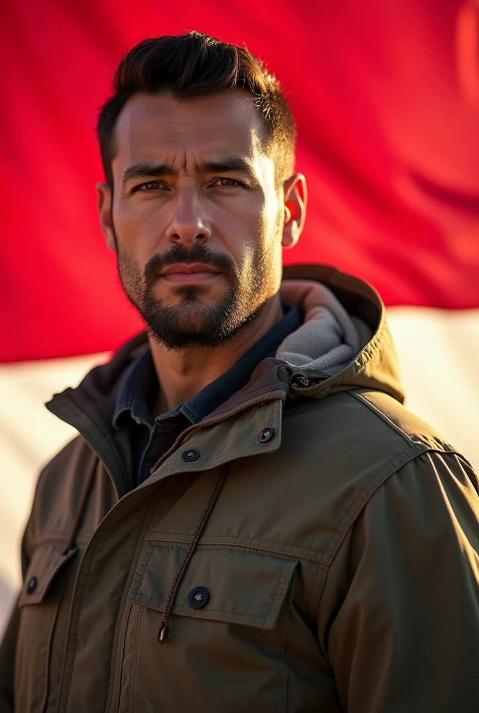 masculine jewish man, thin facial hair, full weight body, black hair, short neck, stand straight, close up portrait, outdoor outfit jacket, in front of Indonesia flag