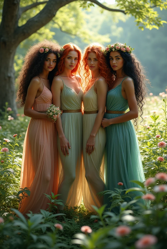 a nymph with tanned skin, green eyes and curly brown hair, A red-haired nymph with long hair, blue eyes, a blonde nymph with long hair, blue eyes y una ninfa pelinegra con el cabello largo, blue eyes