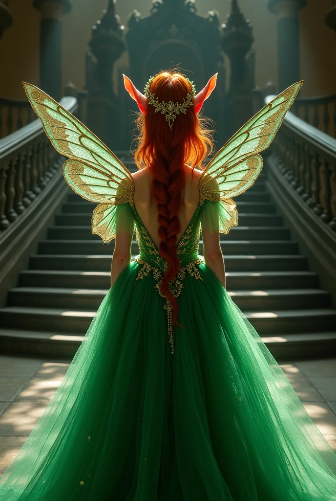 Book cover with a 22 year old fairy, with pointy ears of white skin and red hair with golden streaks and emerald green eyes, wearing a green princess dress turned her back to a staircase towards a dark throne.