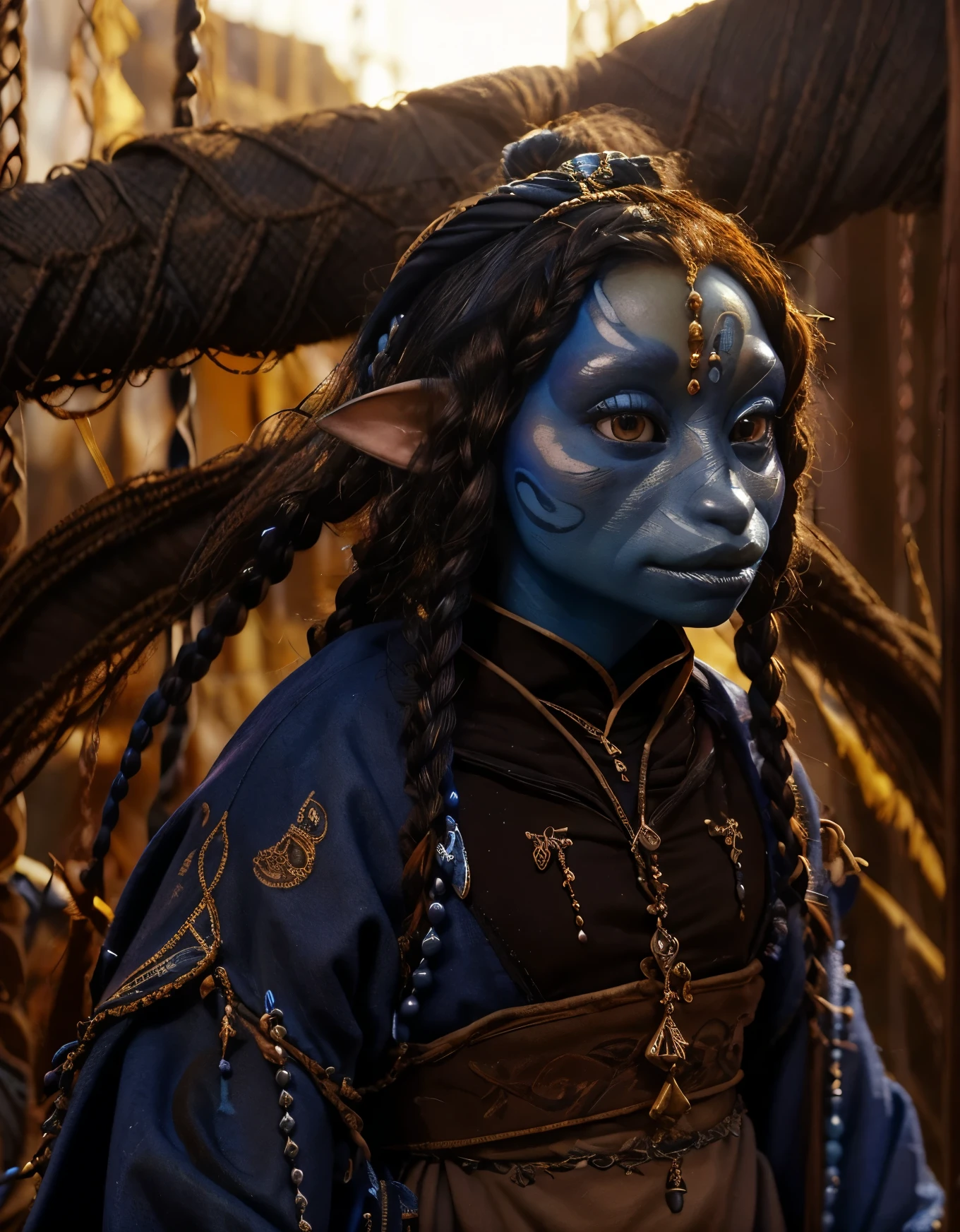 dousan, gelfling, female, dark blue and red beaded robes decorated with jewels and bones, short curly hair with long decorated braids, desert, blue skin with lighter blue face paint, big orange eyes, jewelry,